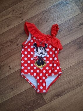 Red Polka Dot One-Shoulder Girls Swimsuit with Minnie Print